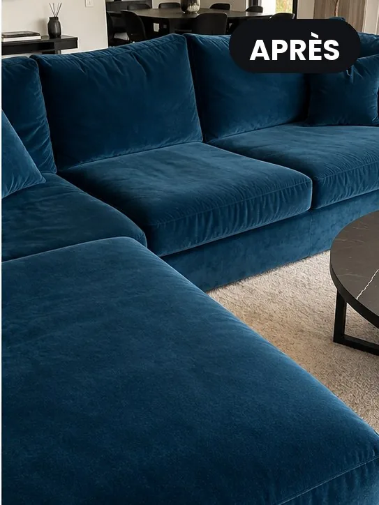 Canapé d'angle en velours bleu après nettoyage à Arcueil